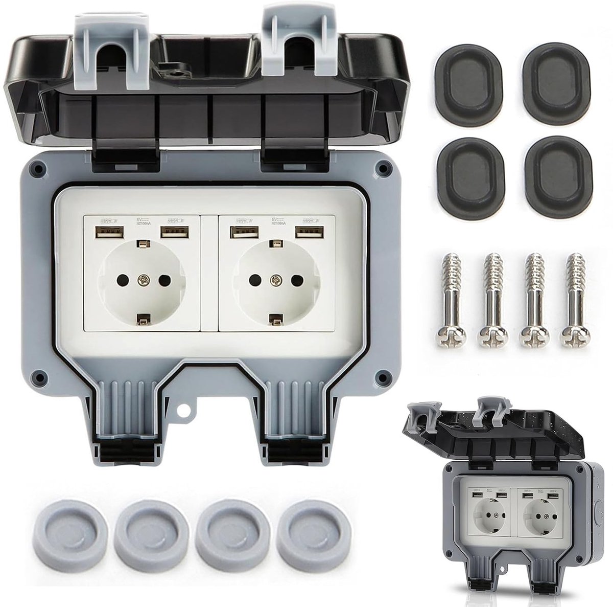 Waterdichte Buitenstopcontact met USB-aansluiting, 2-voudig Tuinstopcontact voor Binnen en Buiten met Flipdeksel, IP66 Bescherming