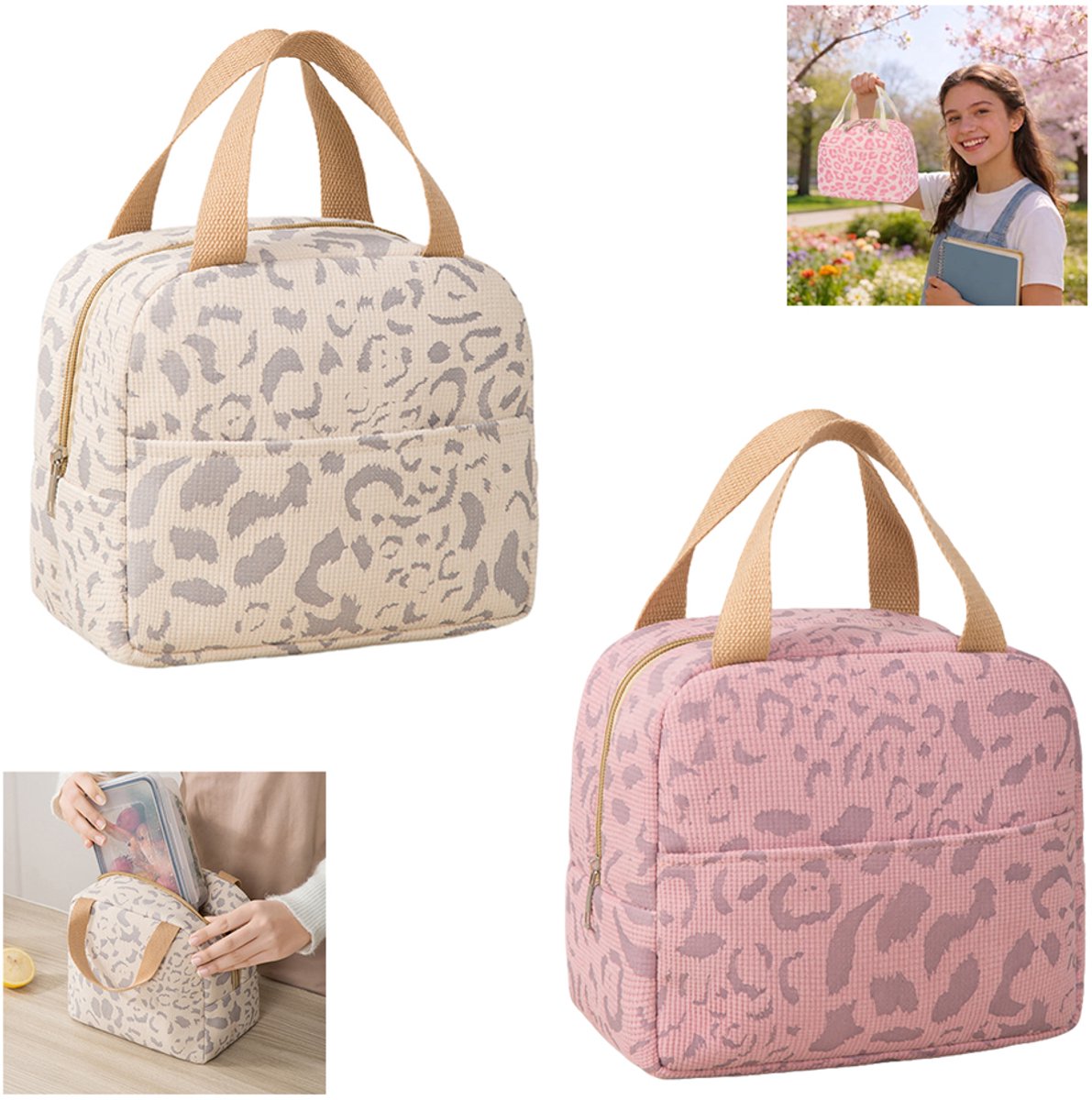 2-delige Geïsoleerde lunchtas - Geïsoleerde tas met inkttekeningpatroon - Lunchtas - Voedselbewaartas - Geïsoleerde handtas - Lunchtas - 23*14*20 cm - Opvouwbaar - Unisex - Geschikt voor picknicks, werk, reizen, enz. - Roze, beige