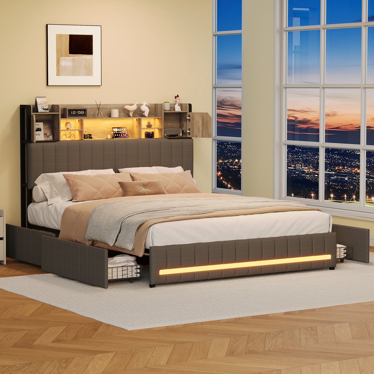 Tweepersoonsbed 140x190 cm met 4 lades, bedframe 140x190 cm met ledverlichting en USB-poort, Gestoffeerd hoofdbord met opbergruimte, lattenbodem, linnen Grijs