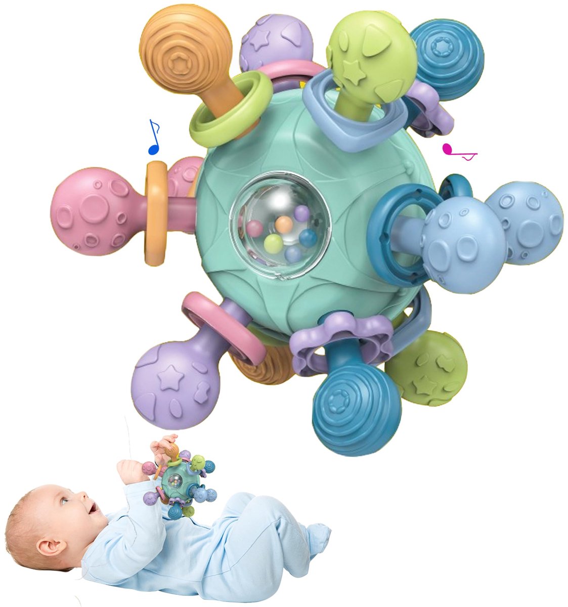 VONKELIOS®Bijt- en rammelspeelgoed, sensorisch speelgoed en vroege stimulatie, Montessori tandengom-speelgoed, verlicht tandpijn tijdens het doorkomen van tanden, vermindert vingerzuigen, fopspeen voor baby.