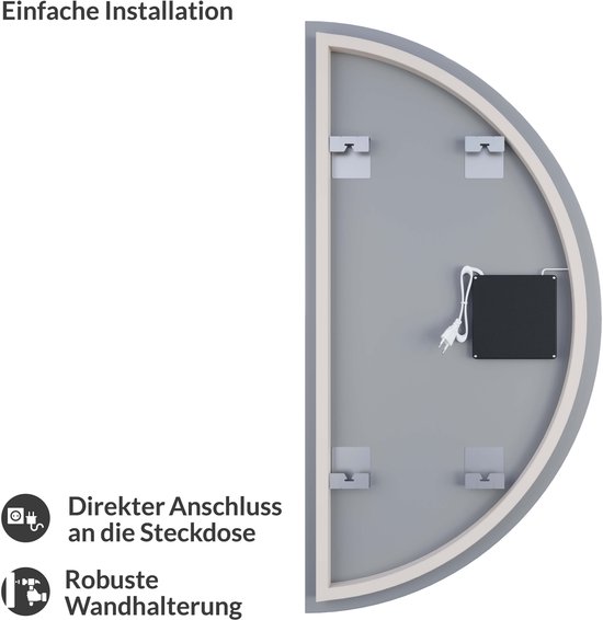 Achterkant van de spiegel met montagebeugels, stekker en tekst 'Einfache Installation', 'Direkter Anschluss an die Steckdose', 'Robuste Wandhalterung'.