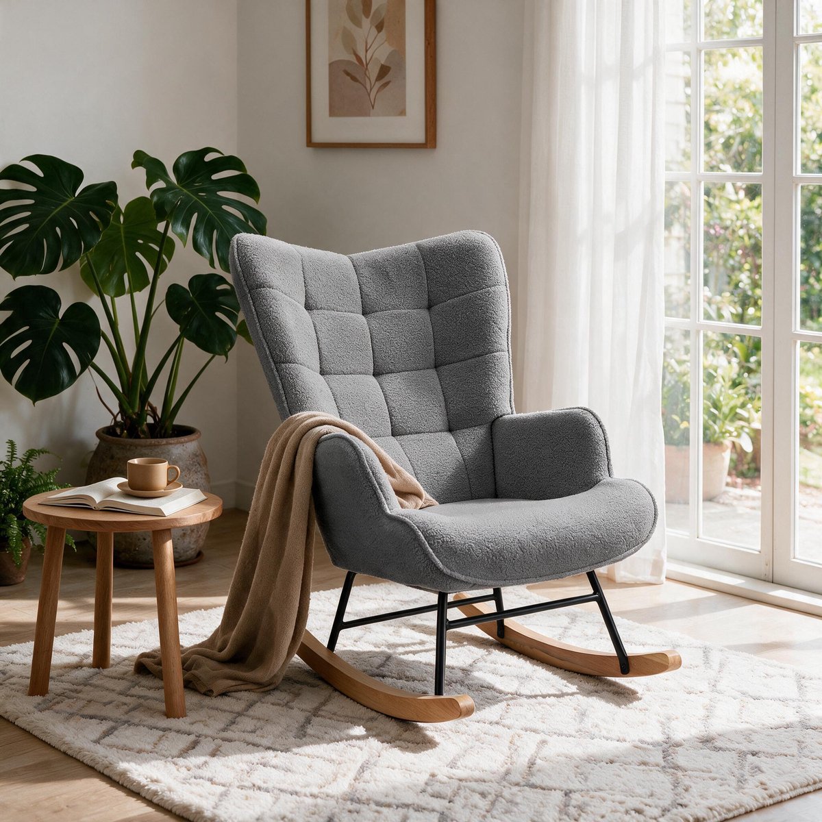 Schommelstoel in pluche stof, Relaxfauteuil, Fauteuil, Loungestoel met hoge rugleuning, Verpleegstoel Schommelstoel voor woonkamer, slaapkamer en balkon, Donkergrijs