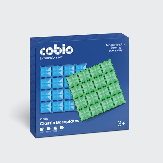 Coblo uitbreidingsset met twee klassieke basisplaten, blauw en groen, voor 3+ jaar.