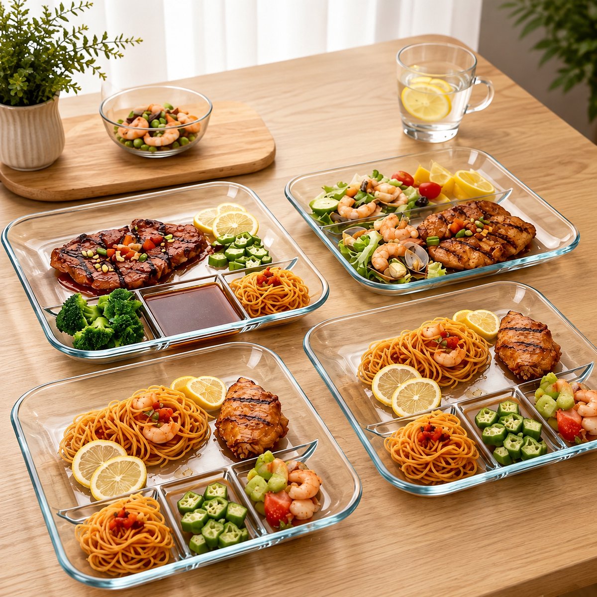 Glazen serveerschalen met sauskommen - hittebestendige maaltijdbereidingsladen voor steak, salade, gegrild vlees, noedels, ontbijt en bijgerechten - essentieel keukengerei, dik en duurzaam