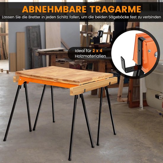 COSTWAY Set van 2 steigerbokken, klapbok, tot 600 kg, werkbokken inklapbaar, opvouwbare bok met handgreep, steunbok, zaaghulp, werkbok, metaal, onderstelbok, zaagblokken, zaagpaard — afbeelding 4