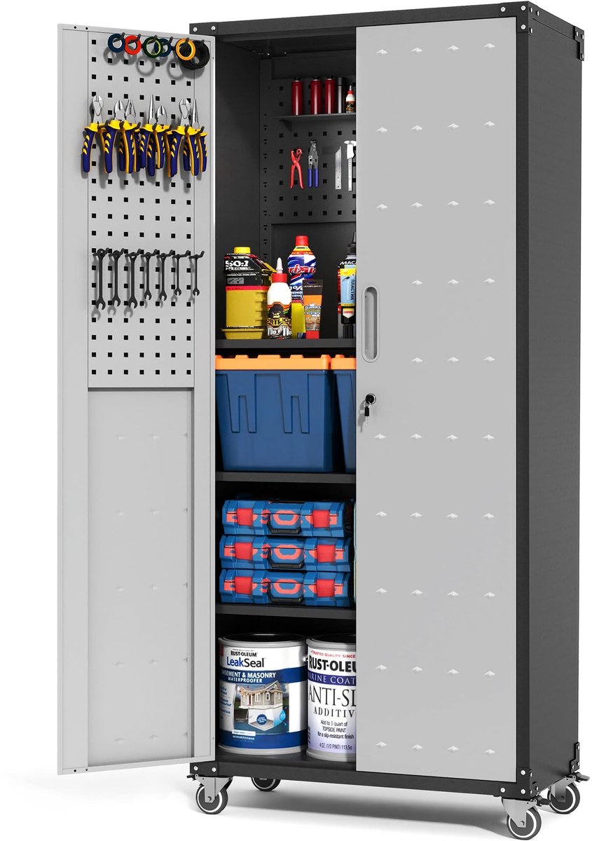 BIZOEIRON Metalen garagekast met steekbord, hoge opbergkast met verstelbare planken en deuren, rollende - ShopVlot