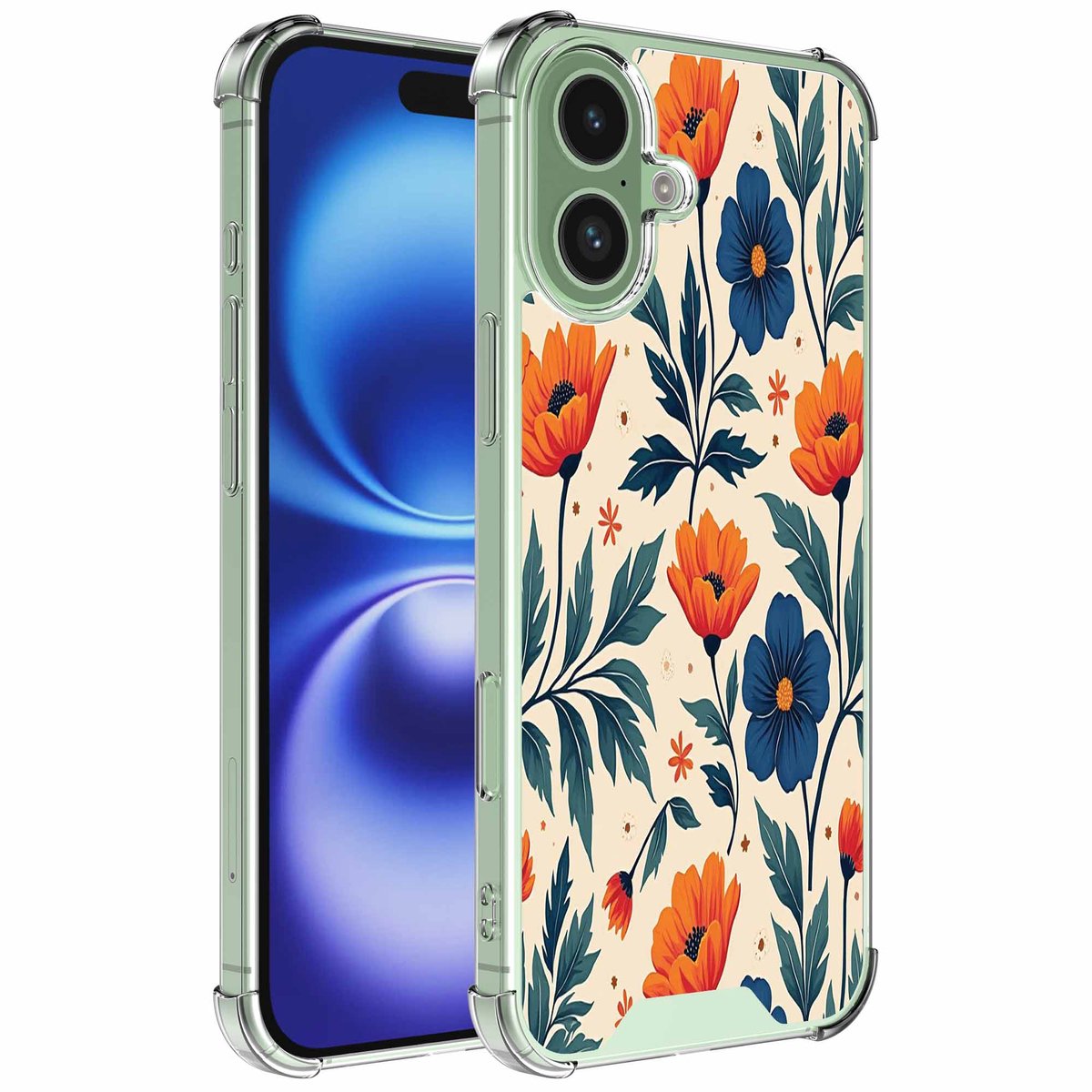 Smartphonica Geschikt voor iPhone 16 Telefoonhoesje met Rode en Blauwe Bloemen opdruk - Draadloos op te laden - Shockproof Siliconen TPU Strong Case - Sterk Schokbestendig Telefoonhoesje geschikt voor iPhone 16