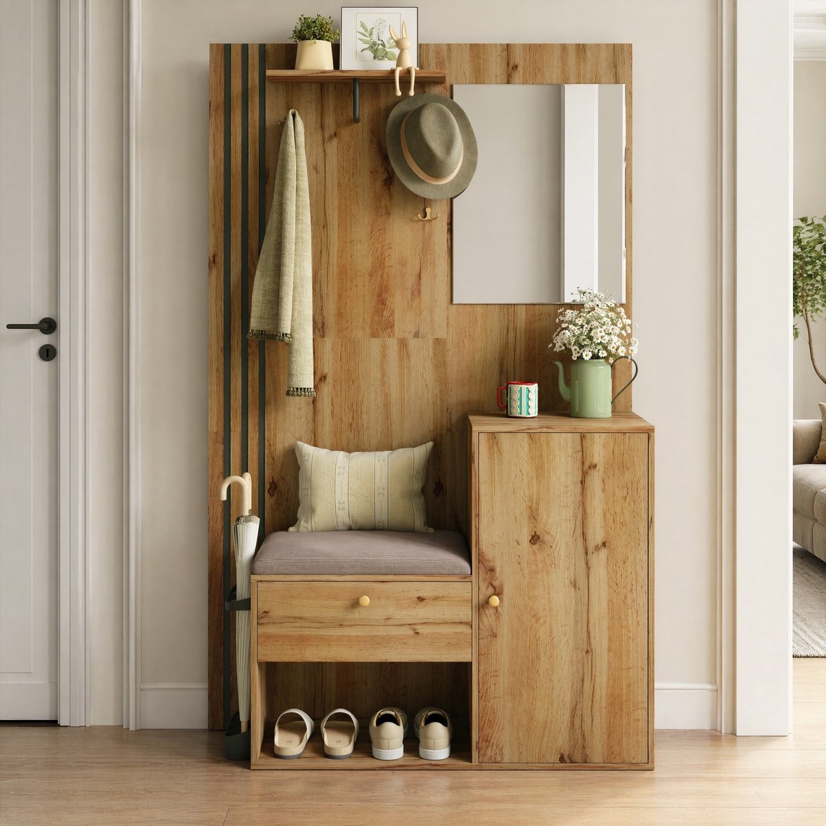 Wishdor Halmeubel - Met spiegel en zitkussen - Verstelbare planken soft-close deuren - Hal entree garderobe schoenen en jassen - MDF - Naturel en zwart - 115 x 37 x 185 cm