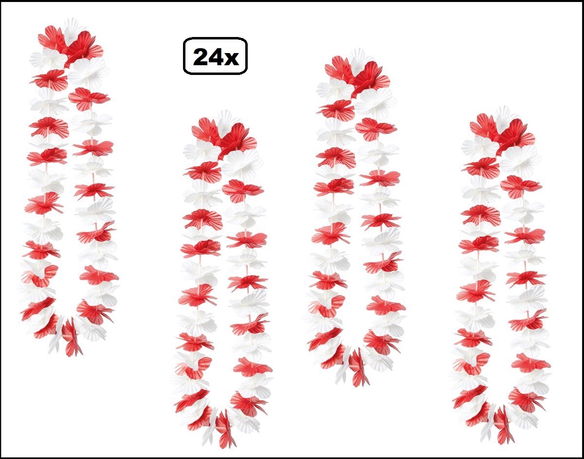 24 stuks Hawai slinger rood/wit - bloemenkrans - Thema feest hawaii krans beach tropical