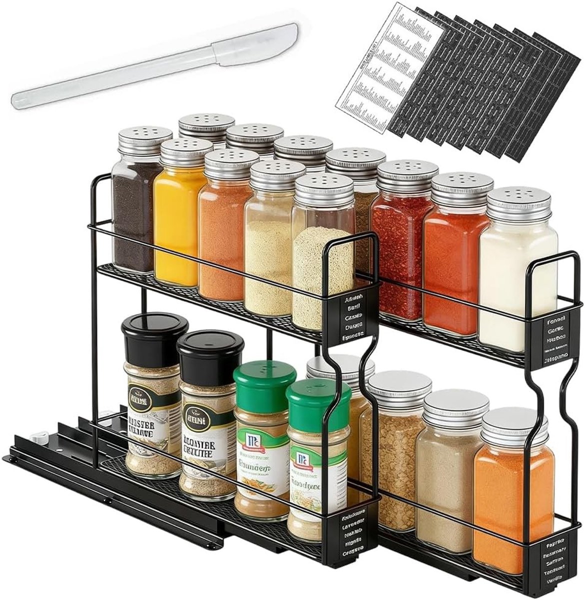 Uitbreidbare Specerijenrek Organisator met 2 Niveaus, Gelabelde Stickers en Roller Rails, Keuken Kast Organizer zonder Boren, Ideaal voor Kruidensets en Keukenaccessoires, 26.7 x 13.2 x 25.7 cm, Zwart