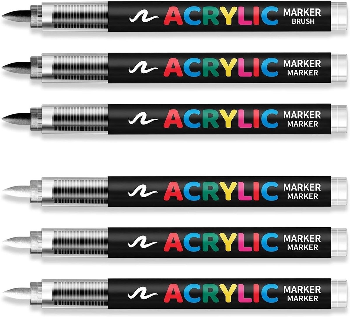 Set van 6 wasbestendige permanente markers in zwart en wit, ideaal voor knutselen op T-shirts, linnen tassen en schoenen met zachte punt