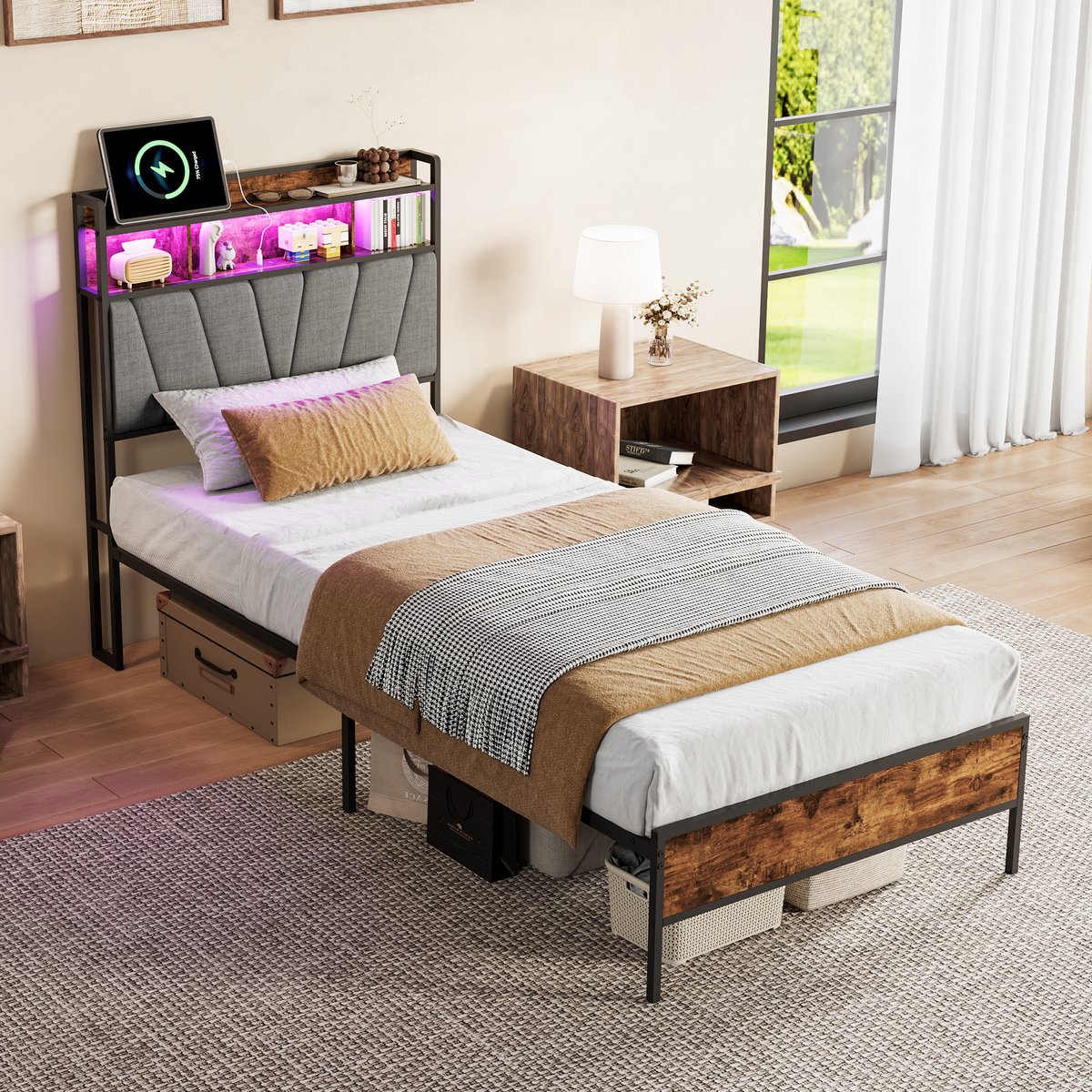 Eenpersoonsbed 90x200 cm met metalen lattenbodem, 1-persoonsbed met ledverlichting en USB-poorten, Gestoffeerd hoofdbord met opbergruimte, Bedframe 90x200, vintage bruin & Grijs