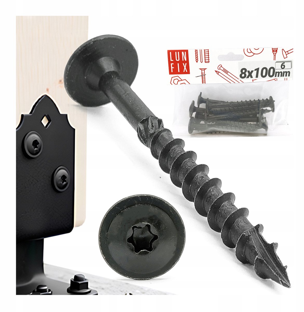 Zwarte Houtschroeven 8x100mm TORX met Platte Kop - 6 Stuks
