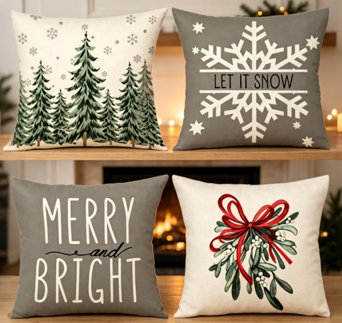 Kerstkussenhoezen 45*45 cm, set van 4, winterse sierkussenhoezen met buffelruitpatroon, vrolijke kerstkussens voor bank, fauteuil, huisdecoratie, kerstkussens voor binnen.