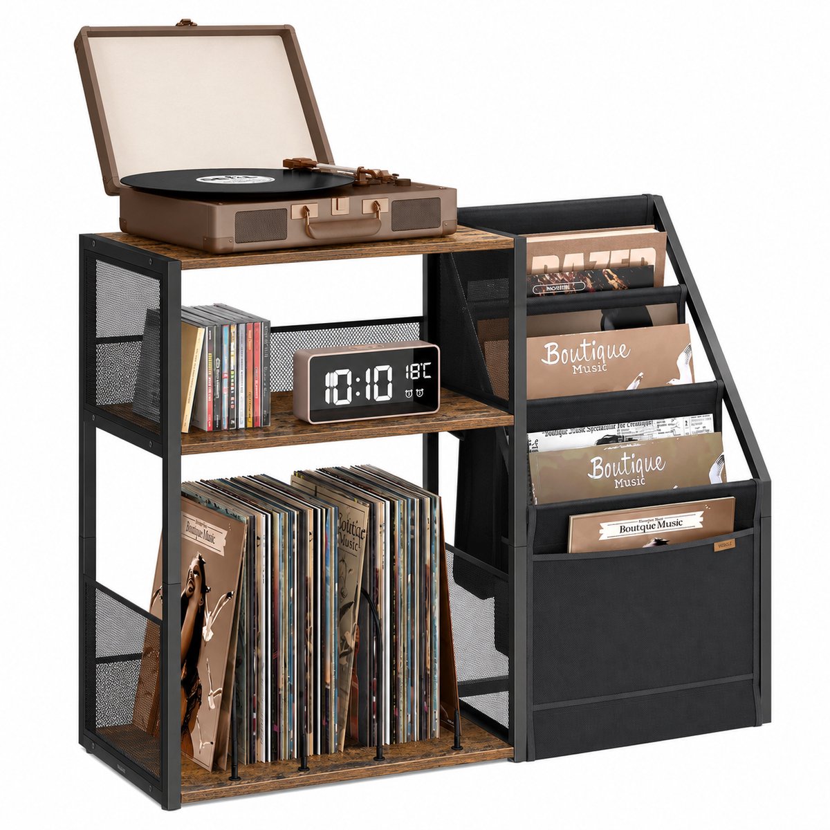 Sellino Vinylplaten standaard - Bijzettafel - 3 Niveaus - Capaciteit 140 platen - Bruin - 81 x 30 x 69 cm - Voor Woonkamer of Slaapkamer