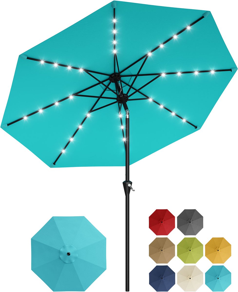 Parasol met Solar LED-Verlichting - 270x270x236cm - Tuinparasol Zonder Voet - Grote Tafelparasol - Kantelbaar met Drukknop - 8 Stevige Ribben - Voor Tuin Terras Zwembad - Licht Blauw