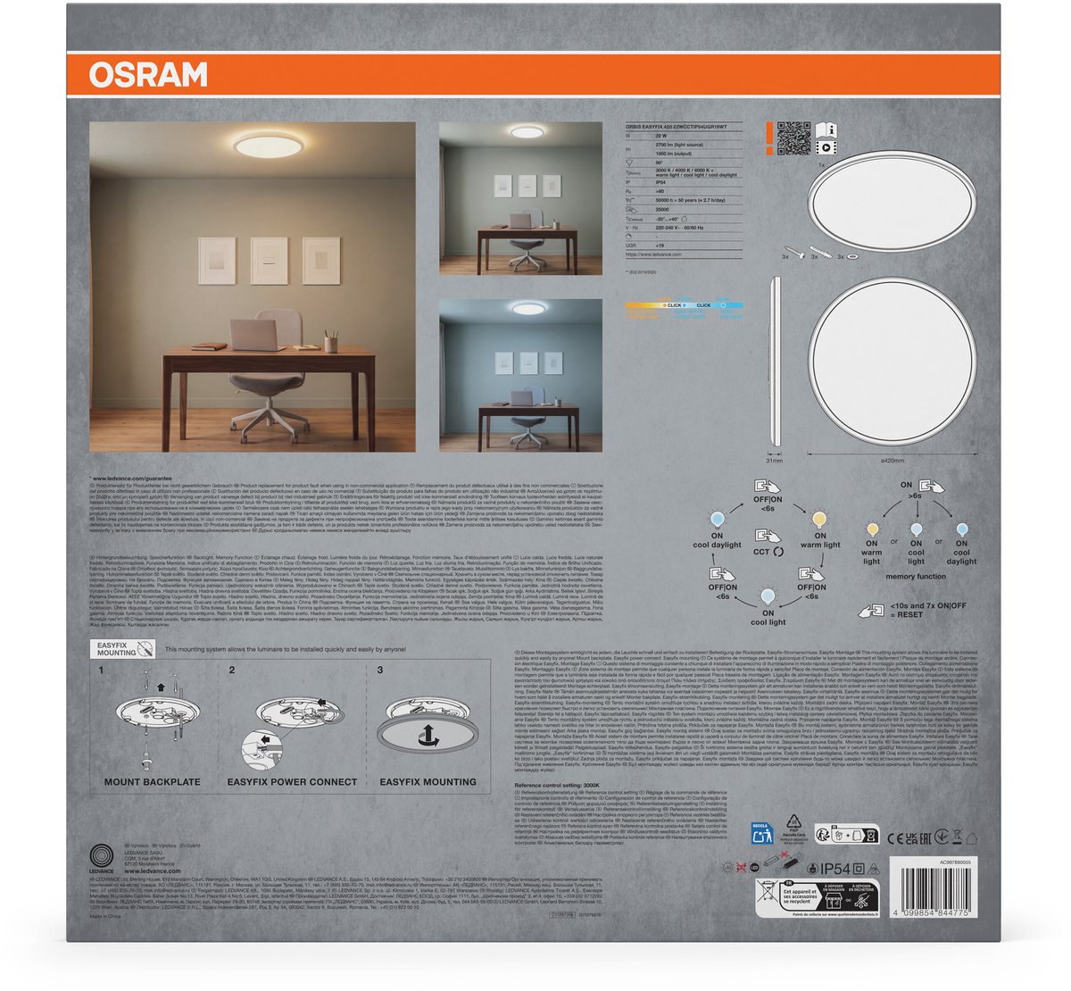 OSRAM plafondlamp wit, 3000 K / 4000 K / 6000 K, warm wit, 1850 lm, 22 W, 42 cm Ø, polypropyleen (PP), 90° stralingshoek