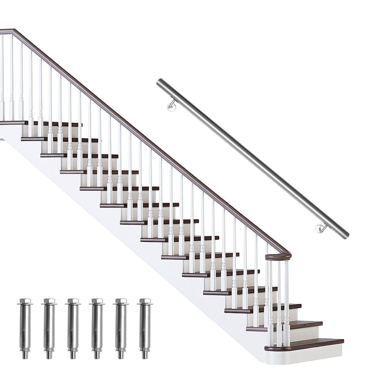 RVS leuning 120 cm Ø42 mm van 304 roestvrij staal, geborstelde trapleuning voor wandmontage, geschikt voor trap balkon terras binnen buiten