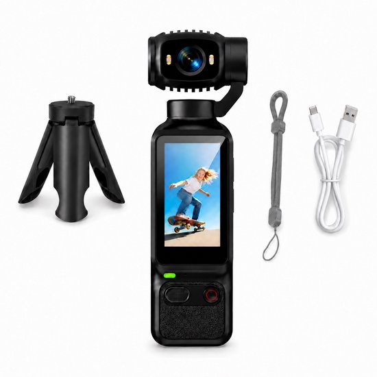 Zwarte zakcamera met accessoires: statief, polsbandje en oplaadkabels.