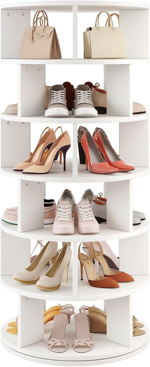 6-laagse Houten Rotating Schoenenrek - 360° Draaiend Schoenenrek voor 24 Paar Schoenen en Handtas Organizer voor Hal, Woonkamer en Slaapkamer in Wit