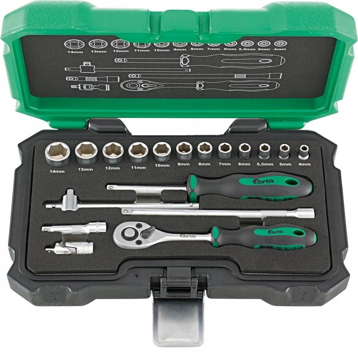 Fortis 18-delige Doppenset met Ratel & Verlengstukken 1/4"