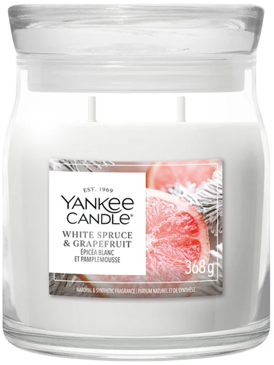 Yankee Candle White Spruce & Grapefruit Medium Geurkaars - 50 branduren - 2 lonten Wit