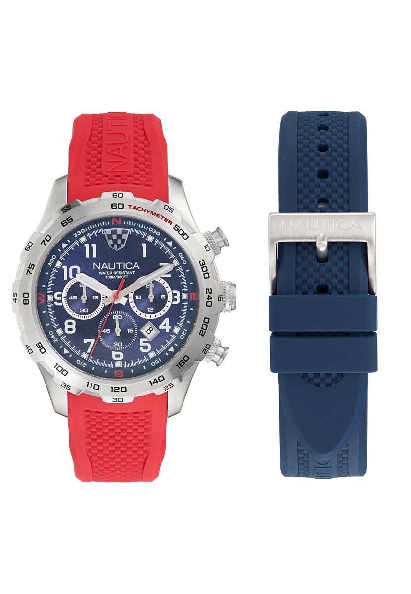 Nautica Nst Quartz Analoog Horloge Rood Kast: 100% Roestvrij Staal | Armband: 100% Siliconen 46 mm NAPNSS605
