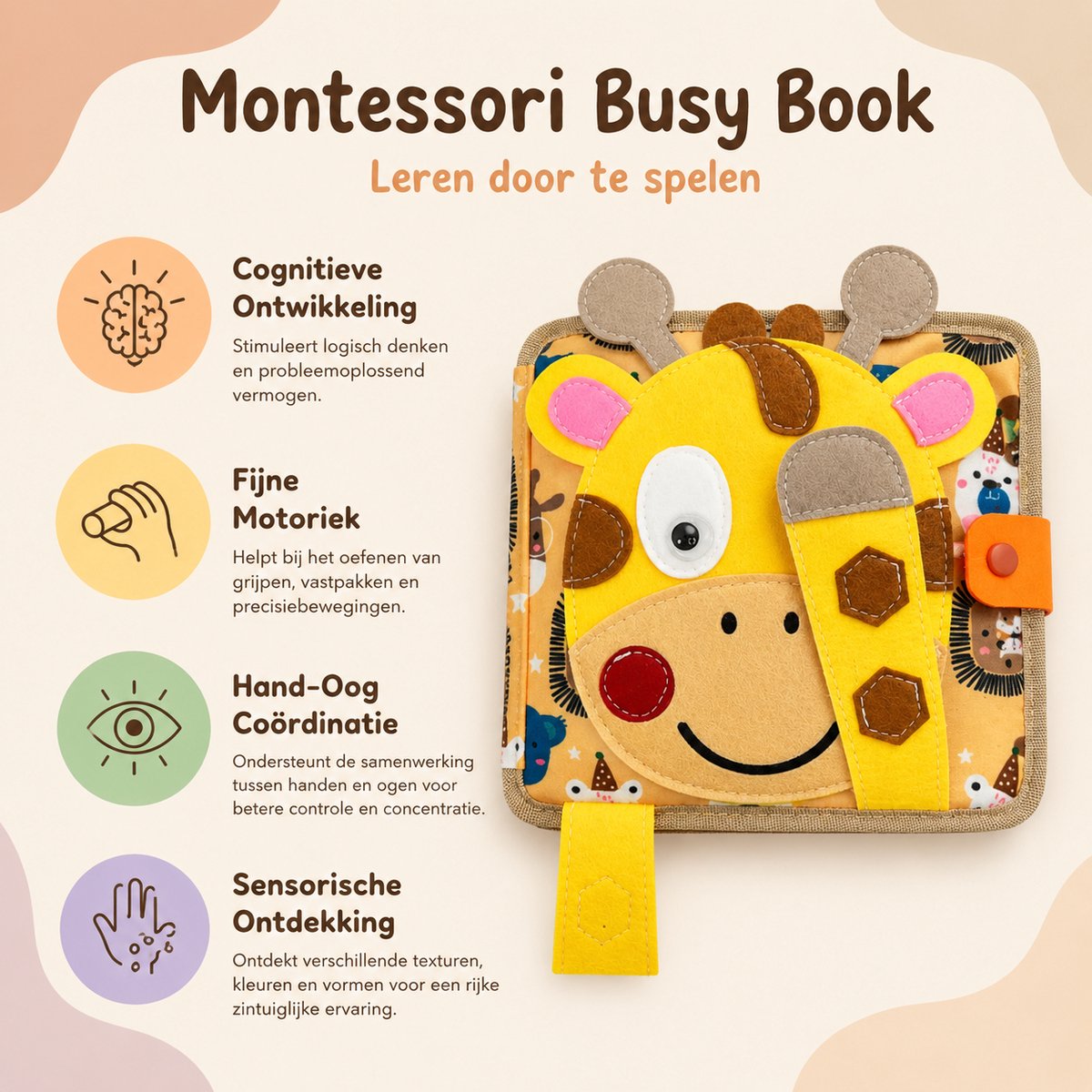 Joymaxx® Busy board book -Activiteitenboek Giraffe- Montessori speelgoed 2 jaar 3 jaar- Busy book - Baby speelgoed 6 maanden 1 jaar - Sensorisch Speelgoed Jongens en meisjes - Voor in de auto/onderweg- Sinterklaas Cadeau — cadeau in Spellen & Speelgoed - foto 4