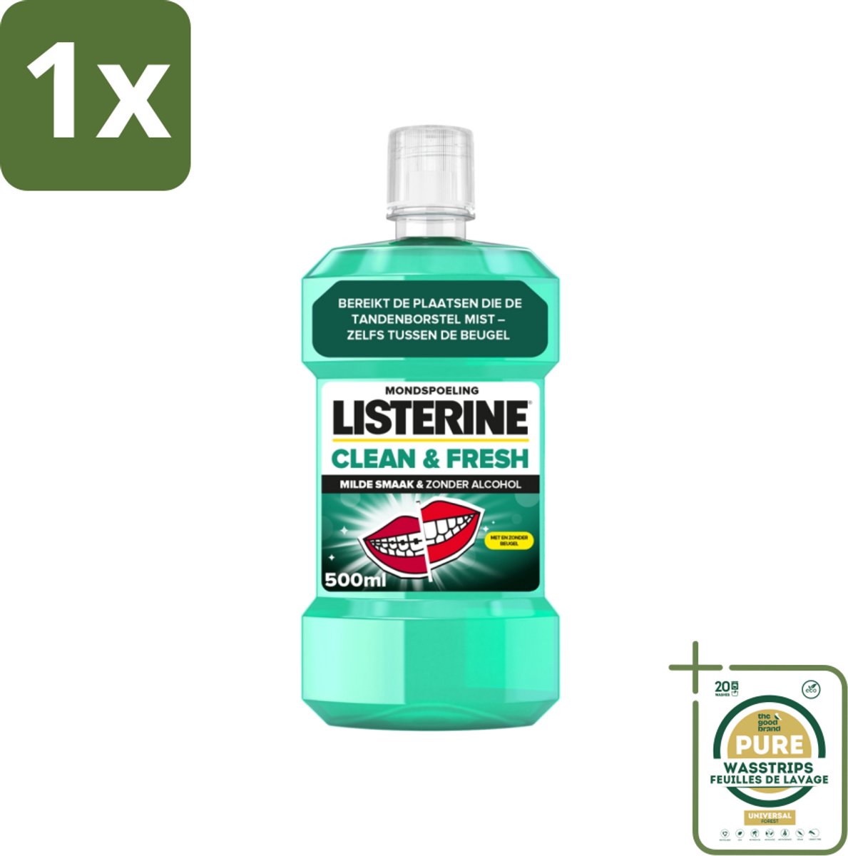1 x Listerine - Mondwater - Clean & Fresh - Zonder Alcohol - 500 ml- Mondspoeling - Mondwater - Tandplak - Bacteriën - Beugel