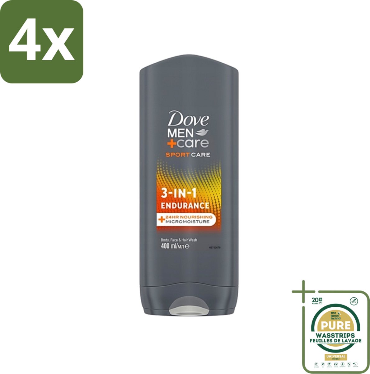 Dove - Shower Gel - 3-in-1 - Men Care Sport Care Endurance - Verfrissend en energiek - 250 ml - Voordeelverpakking - 4 stuks - Douchegel voor sporters - Douchegel 3-in-1