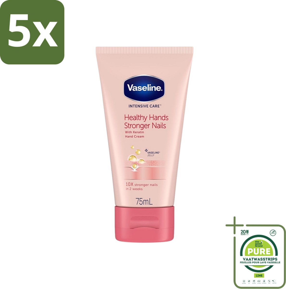 5 x Vaseline - Healthy Hands & Stronger Nails - Handcrème - Versterkend - 75 ml - Grootverpakking - Handcrème - Handen Verzorgen - Nagels Versterken - Keratine - Hydratatie