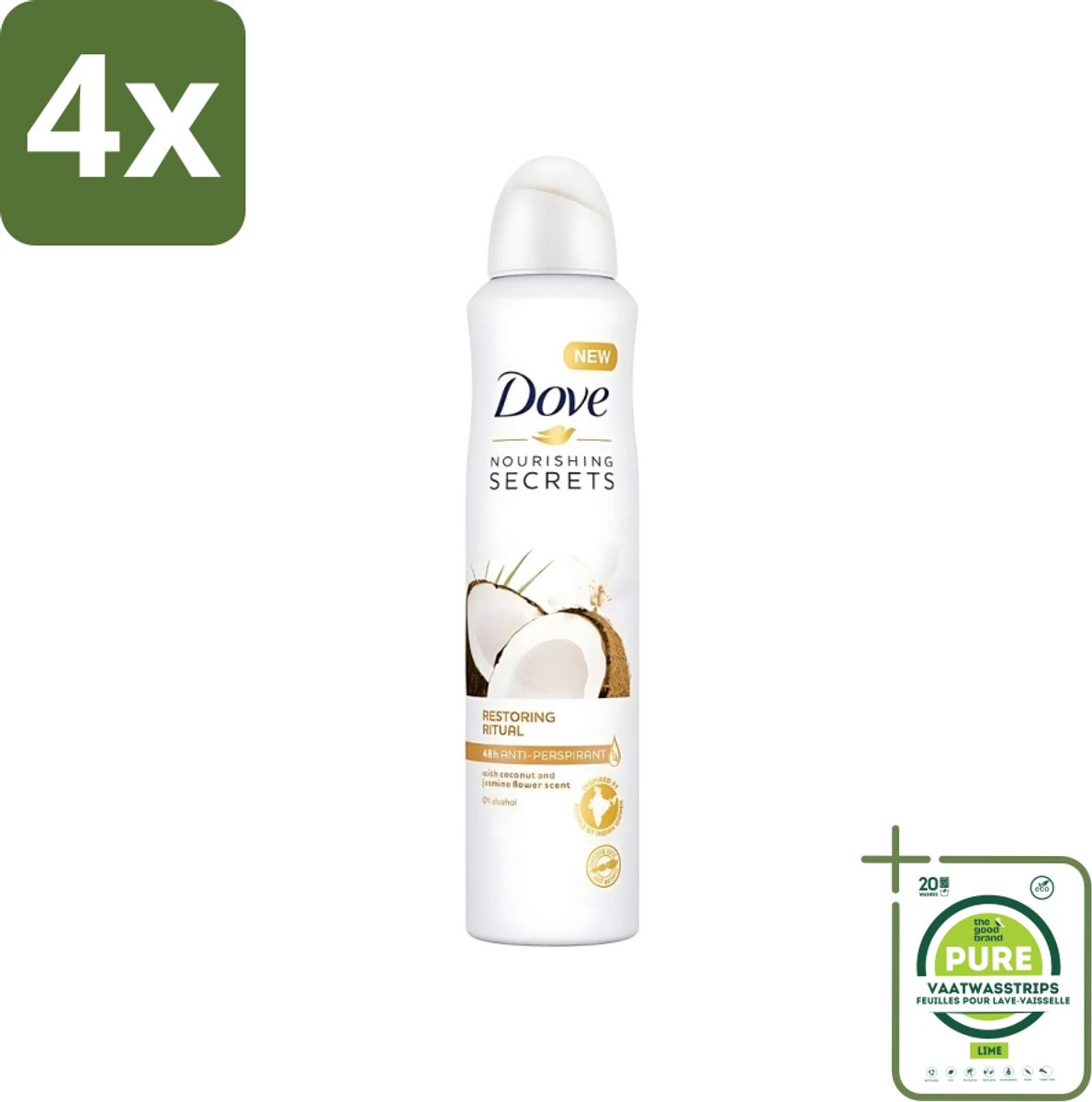 Dove - Deodorant - Coconut & Jasmine Flower - Tropisch en verzorgend - 250 ml - Voordeelverpakking - 4 stuks - Dove deodorant spray - Kokos en jasmijn
