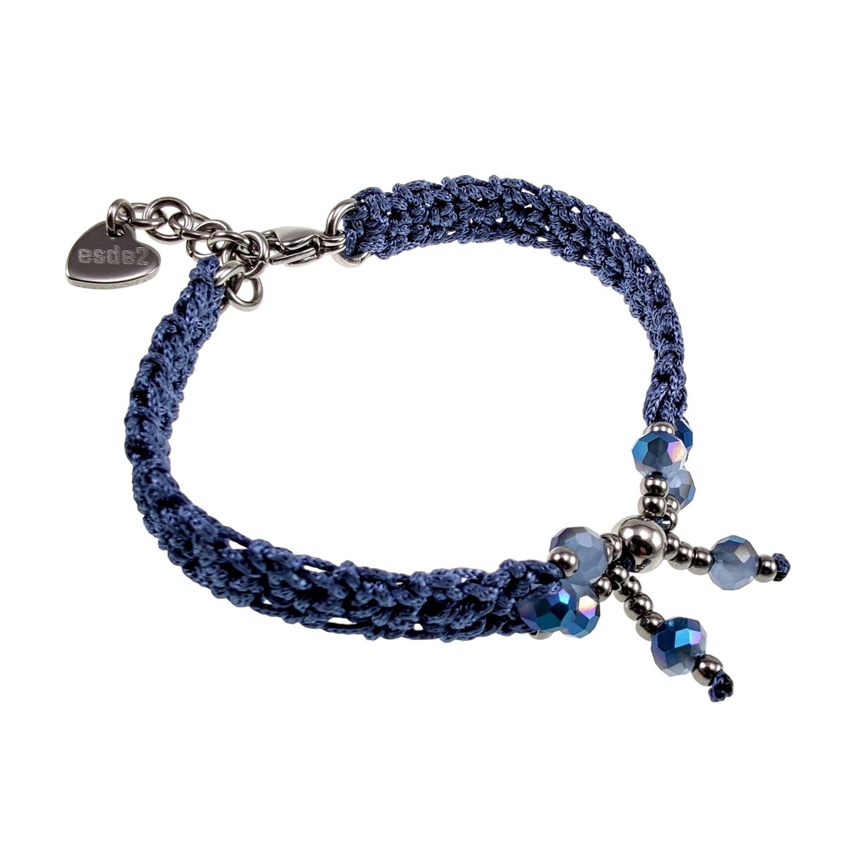 Exclusieve Gehaakte Damesarmband RVS met Blauwe Kristallen, Handgemaakt door esde2 - Verstelbaar 15 tot 18 cm
