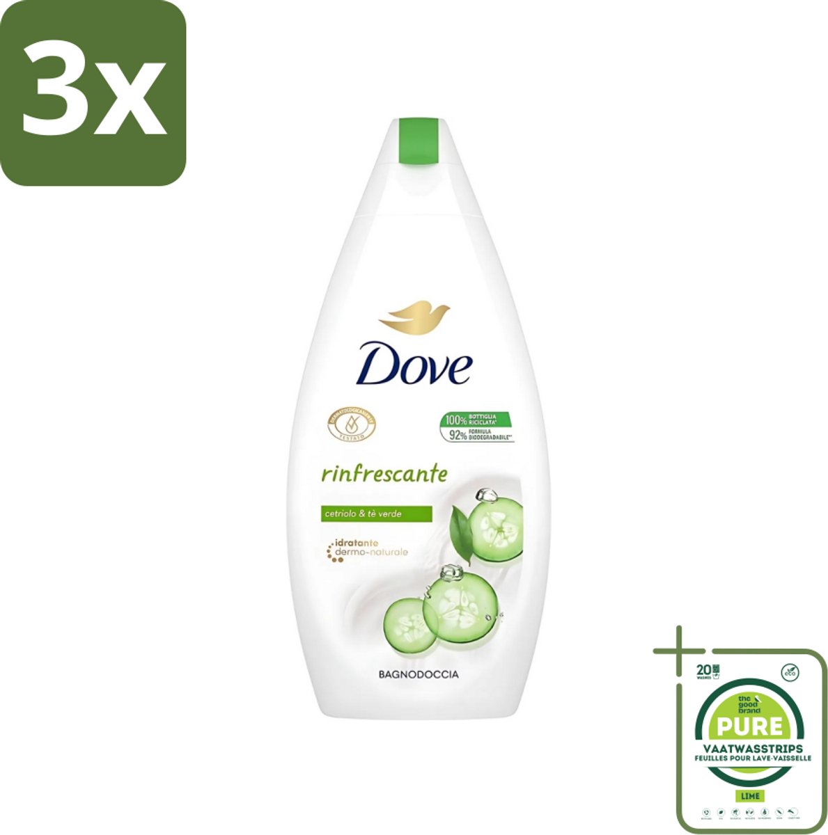 3 x Dove - Douchegel - Refreshing - Komkommer & Groene thee - Verfrissend - 400 ml - Grootverpakking - Douchegel - Frisheid - Reiniging - Uitdroging - Scrub