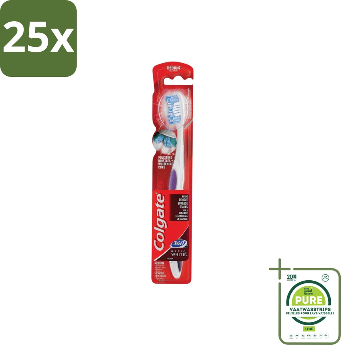 25 x Colgate - Tandenborstel - 360 Optic White Medium- Wit - 1 Tandenborstel - Grootverpakking - Tandenborstel - Wittere Tanden - Mondverzorging - Tanden Reinigen - Tong Reinigen