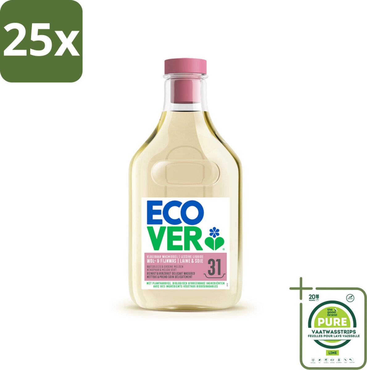 25 x Ecover Vloeibaar Wasmiddel Wol & Fijn Was - Waterlelie & Groene Meloen 31 Wasbeurten 1,43 liter - Grootverpakking - Wasmiddel Wol En Fijn - Fijne Stoffen Was - Delicate Stoffen Was - Plantbased Wasmiddel - Milieuvriendelijk Wasmiddel