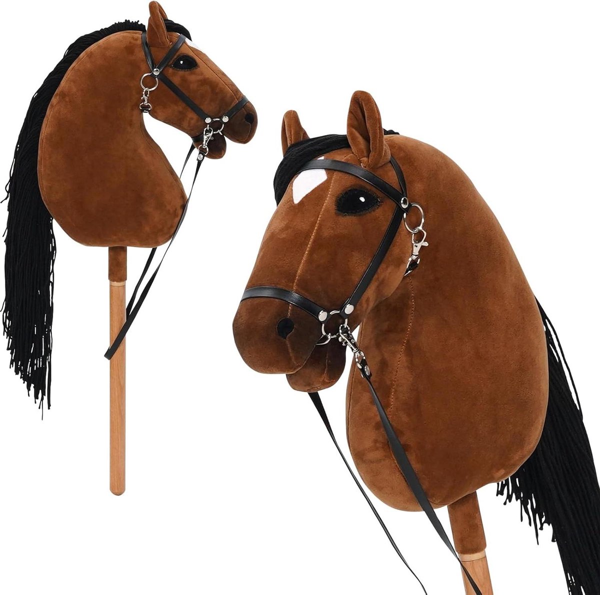 Stokpaard met accessoires - Houten paard speelgoed - Fantasie spel - Gedetailleerd paardenhoofd - Middelgroot - Bruin