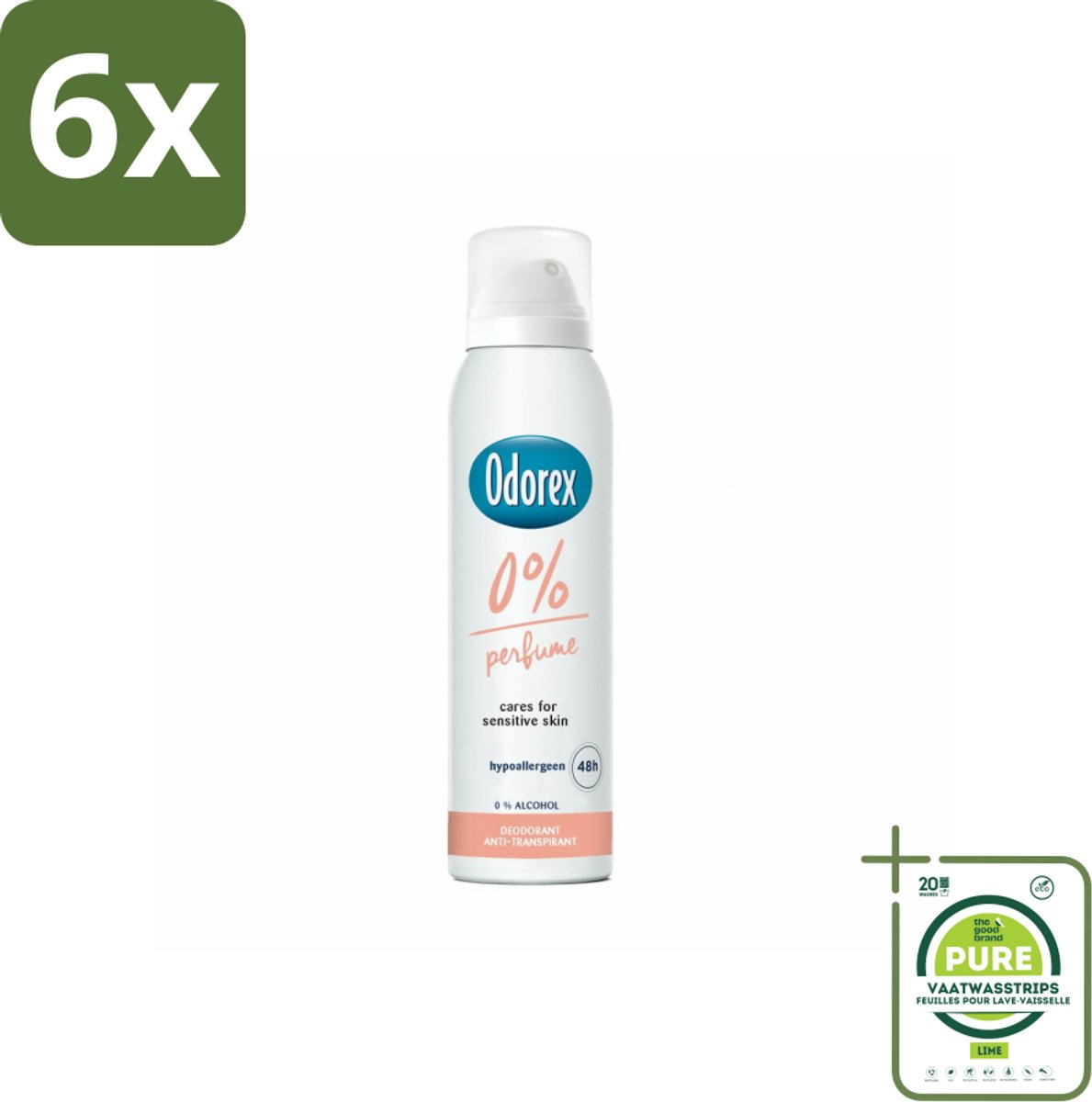 Odorex - Deodorant Spray - 0% Parfum - Zonder Geurstoffen - 150 ml - Voordeelverpakking - 6 stuks - 0% parfum - Geurstoffen