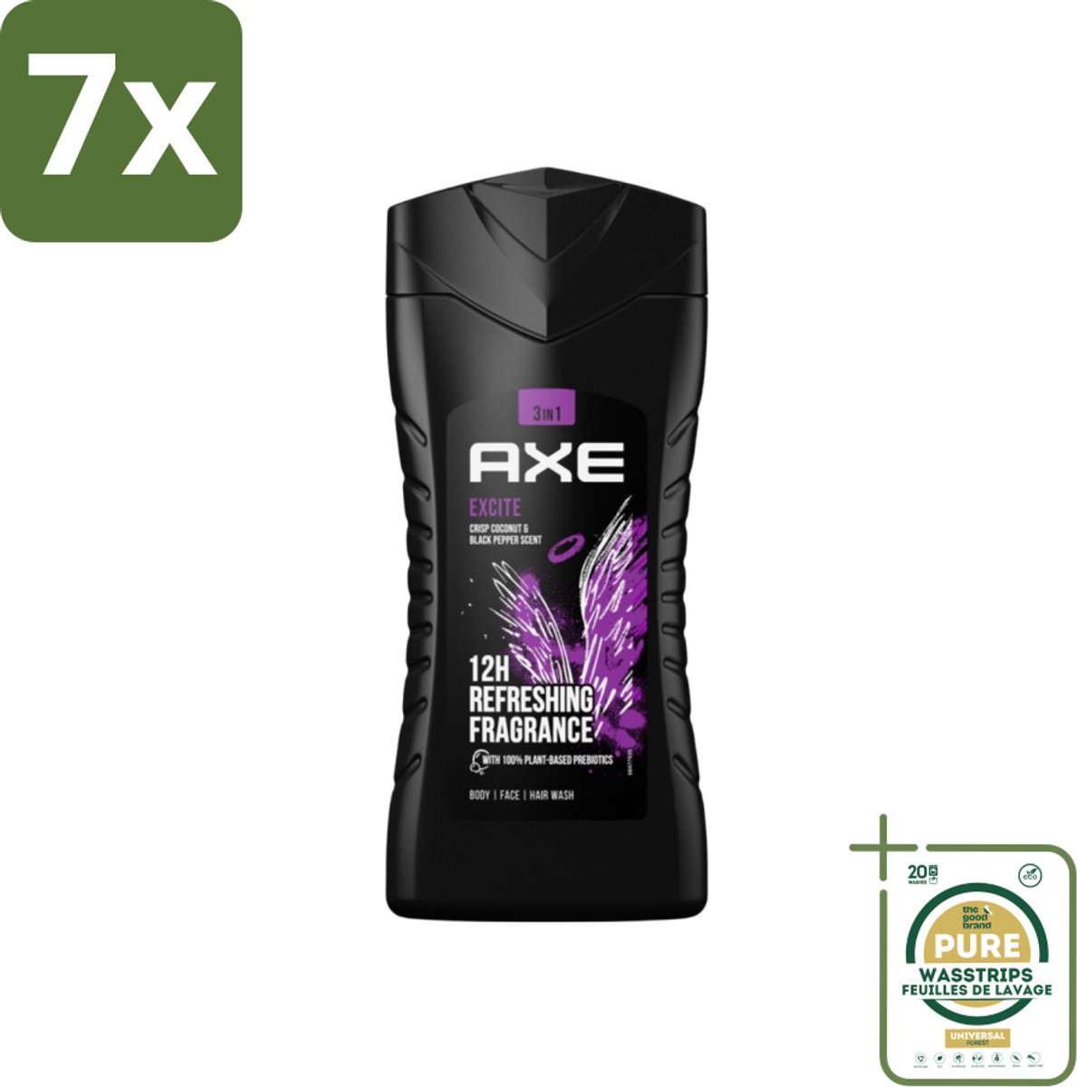 7 x Axe - 3-in-1 Douchegel - Excite - Douchegel - Crisp Coconut & Black pepper - 100% Plantaardig - 250 ml - Grootverpakking - Douchegel - Prebiotica - Kokosnoot - Zwarte Peper - Huid Verzorging