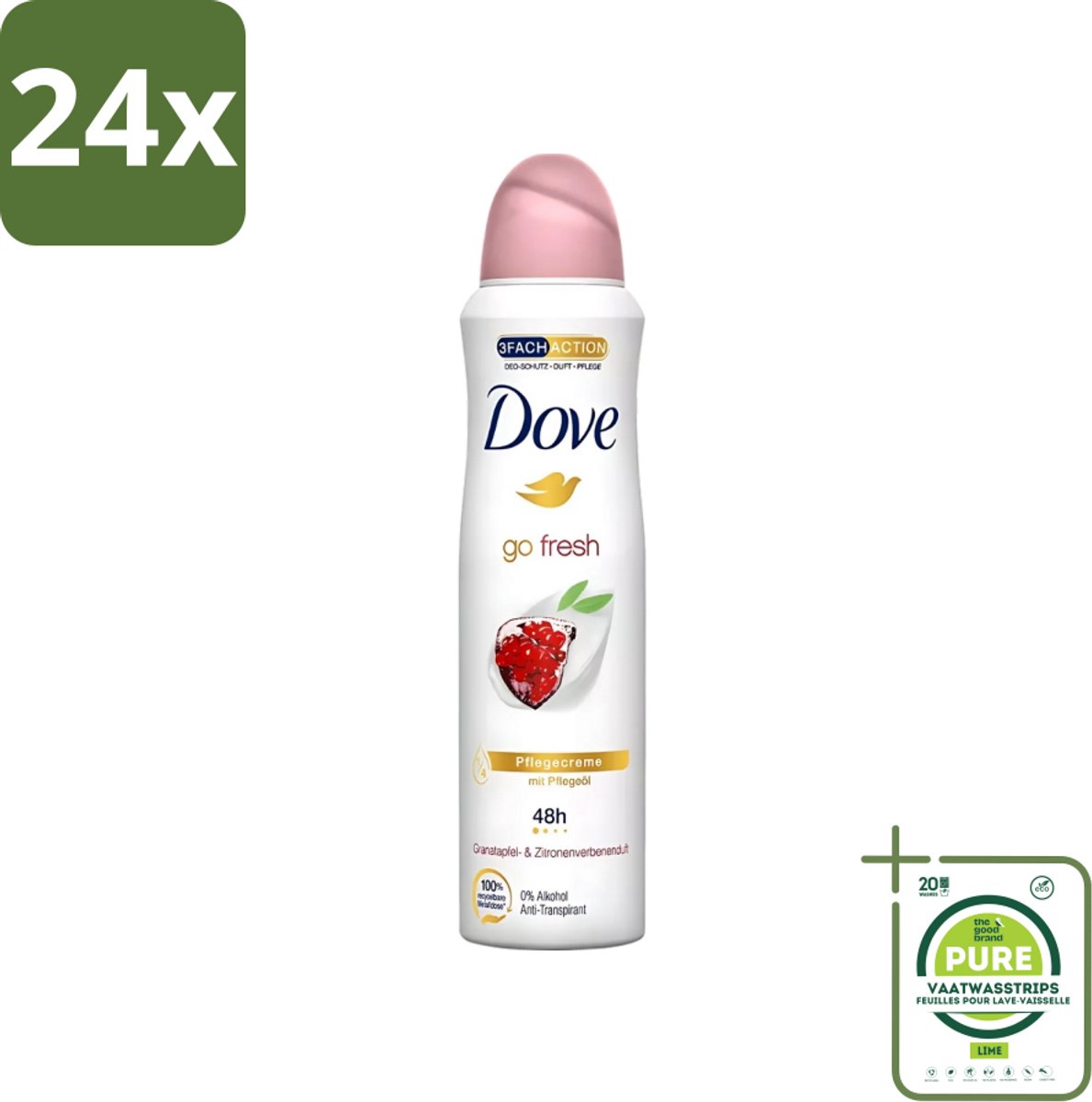 Dove - Deodorant - Go Fresh Granaatappel - Frisse en fruitige geur - 150 ml - Voordeelverpakking - 24 stuks - Dove Go Fresh - Granaatappel