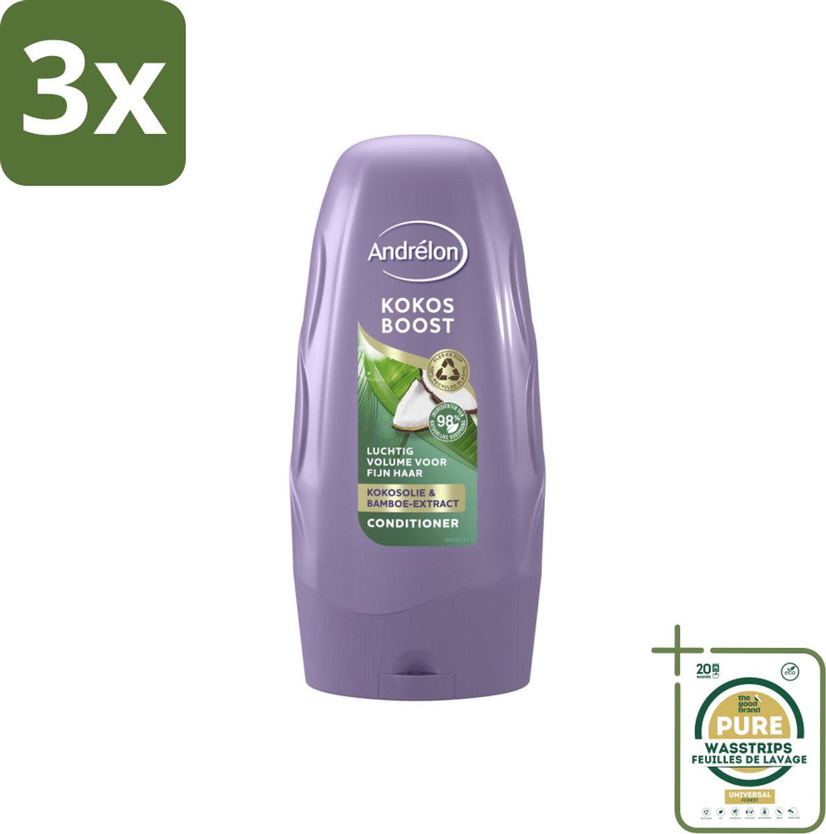 3 x Andrélon - Kokos Boost - Conditioner - Intensieve Voeding - 250 ml - Grootverpakking - Fijn Haar - Volume - Voeding - Kokosolie - Bamboe-extract