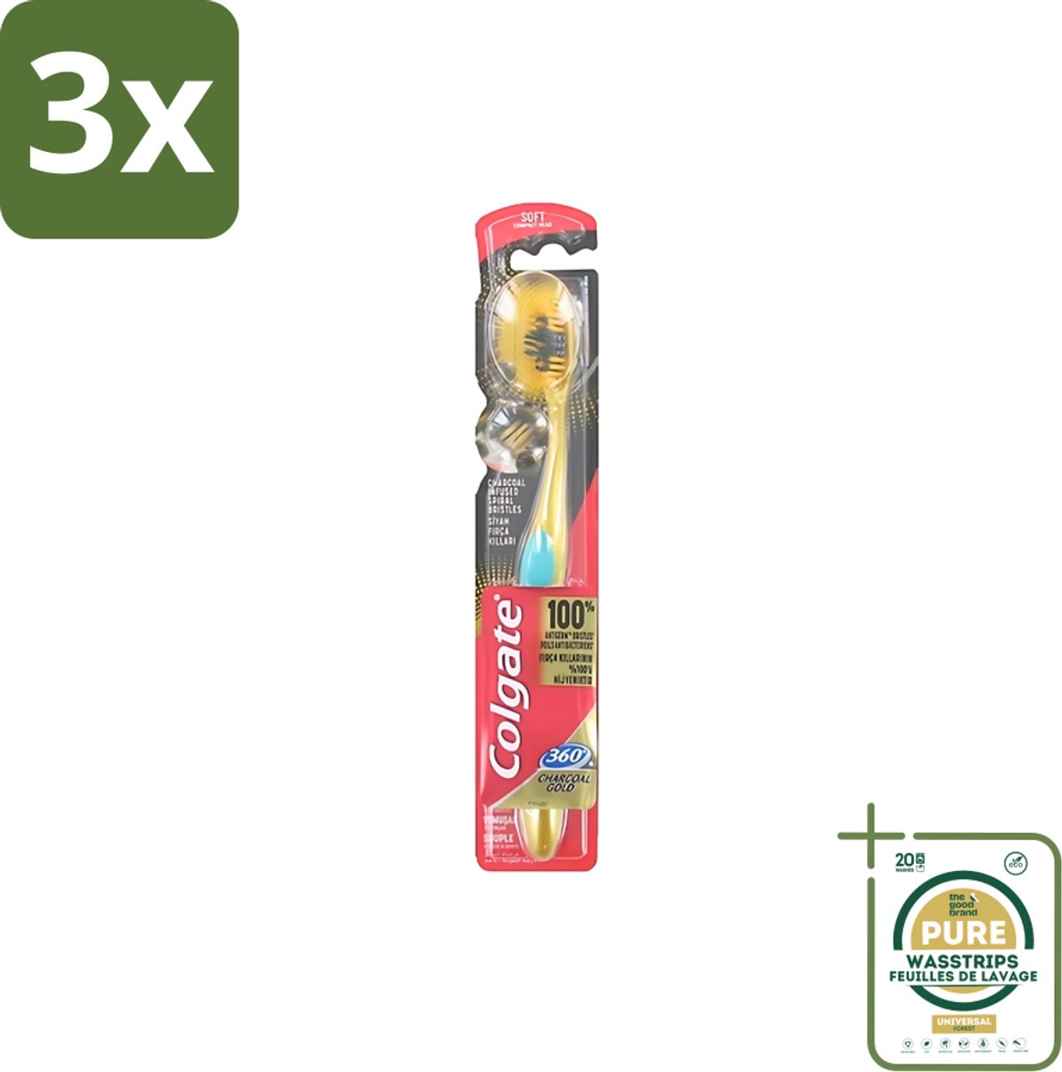 3 x Colgate - Tandenborstel - 360 Charcoal Gold Soft - Zwart/Goud - 1 Tandenborstel - Grootverpakking - Tandenborstel - Houtskool - Tanden Reinigen - Tanden Witter Maken - Tandenborstel Zacht
