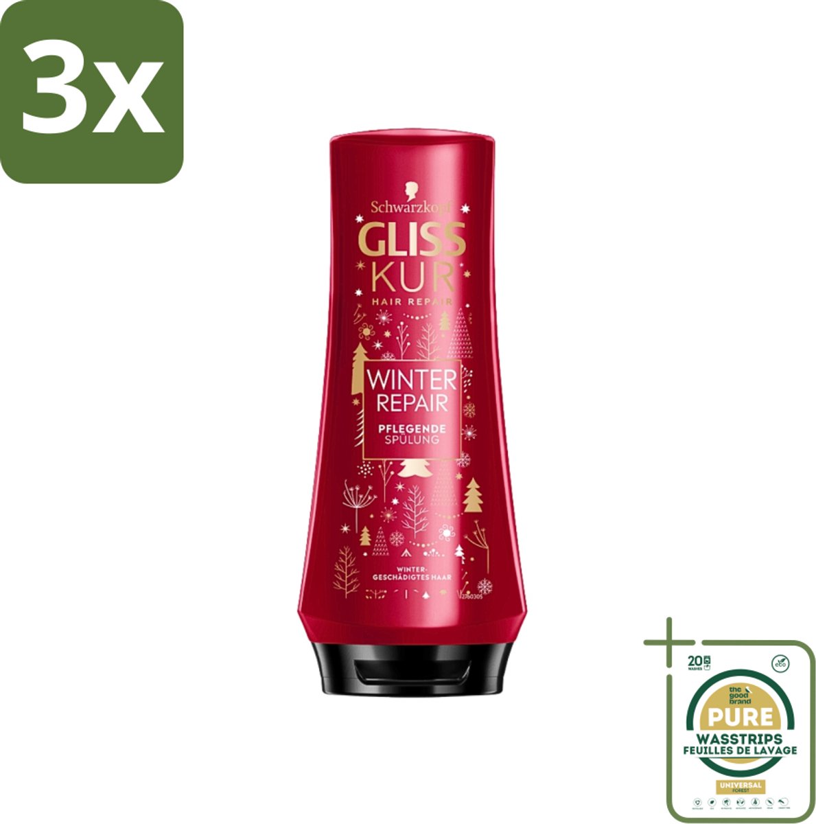 3 x Gliss-Kur - Conditioner - Winter Repair - Herstelt & Verzorgt - 200 ml - Grootverpakking - Winter Haar Verzorging - Haar Herstel - Haar Bescherming - Keratine Haar Conditioner - Cranberry Haar Conditioner