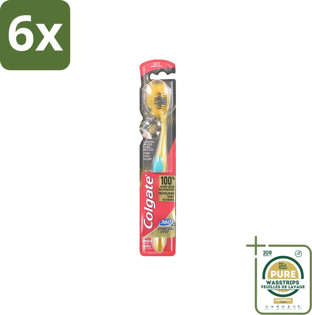 Colgate - Tandenborstel - 360 Charcoal Gold Soft - Zwart/Goud - 1 Tandenborstel - Voordeelverpakking - 6 stuks - Tanden reinigen - Tanden witter maken