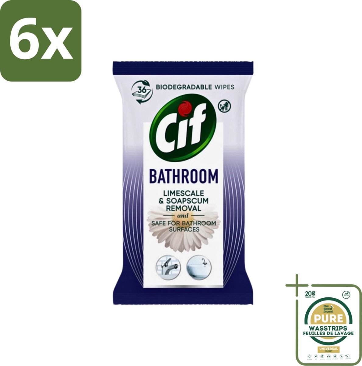 Cif - Badkamer - Hygiënische Doekjes - Kalkaanslag & Zeepresten Verwijderen - 36 stuks per verpakking - Voordeelverpakking - 6 stuks - Reinigingsdoekjes - Badkamer reinigen