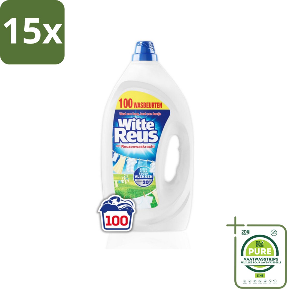 15 x Witte Reus Wasmiddel Gel 100 Wasbeurten 4,5 liter - Grootverpakking - Wasmiddel - Witte Reus Gel - Vloeibaar Wasmiddel - Wasbeurten - Vlekken Verwijderen