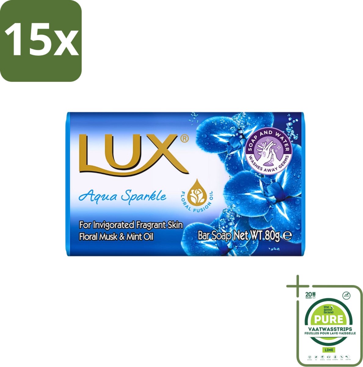 15 x Lux - Zeep - Aqua Sparkle - Hydraterend - Verkwikkende Geur - 80 g - Grootverpakking - Zeep - Reiniging - Hydraterend - Verkwikkend - Geur