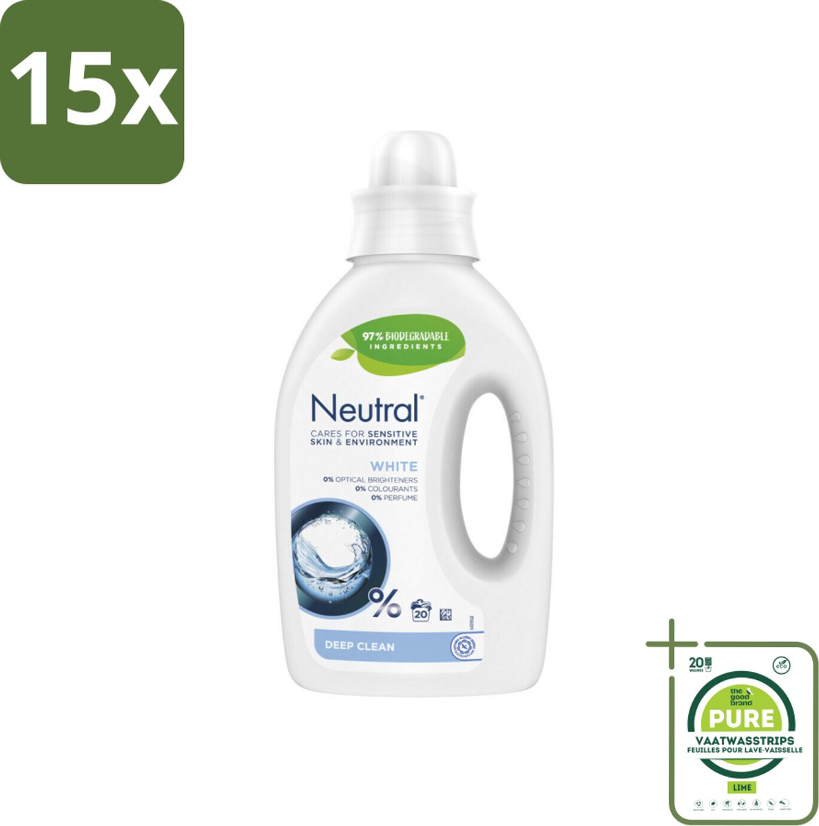 15 x Neutral Vloeibaar Wasmiddel Wit 20 Wasbeurten 1 liter - Grootverpakking - Gevoelige Huid - Wasmiddel - Wasmachine - Wasmiddel Voor Gevoelige Huid - Neutraal Wasmiddel