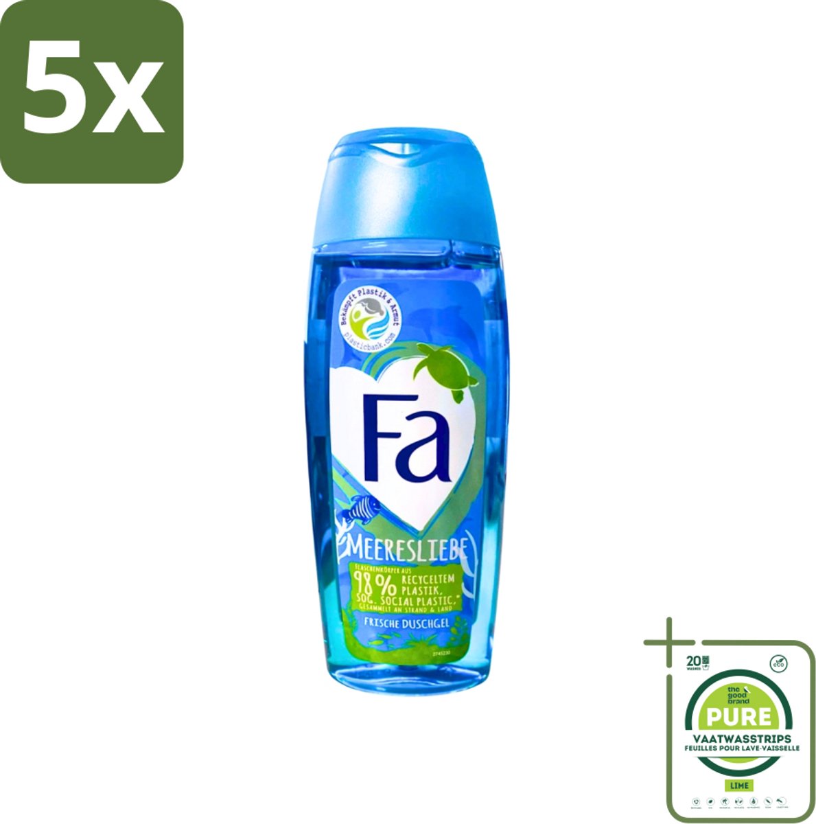 5 x Fa - Douchegel - Zeeliefde Fresh - Verfrissend & Verkwikkend - Verzorgend - 250 ml - Grootverpakking - Douchegel - Zee - Fris - Verfrissend - Huid Verzorging