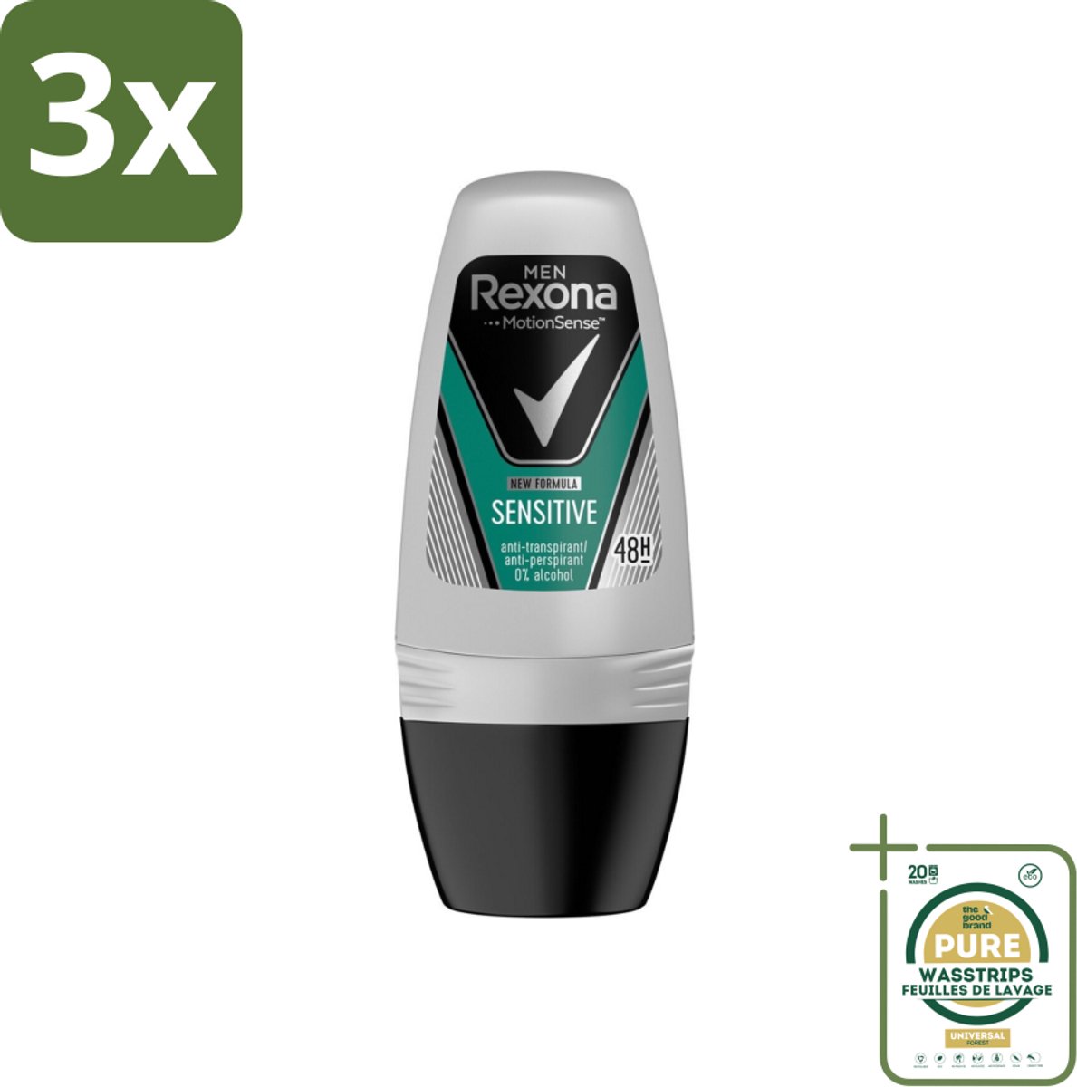 3 x Rexona Men - Sensitive - Deo Roll-on - Anti-transpirant - 50 ml - Grootverpakking - Gevoelige Huid - Deodorant Voor Mannen - Anti-transpirant - Roll-on Deodorant - Zweetbehandeling